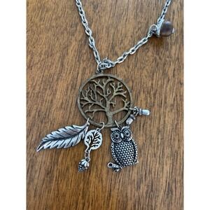 Boho Tree of Life Owl Charm Necklace Silver Bronze Tone Long Chain Nature Theme